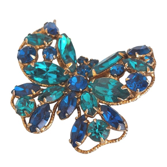 Vintage Regency Butterfly Brooch Signed Rhinestone Blue Green Gold Tone MCM Read - Picture 3 of 11